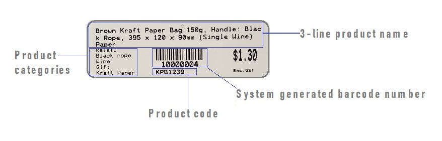 Barcode label with product long name generated by Aralco Retail Systems
