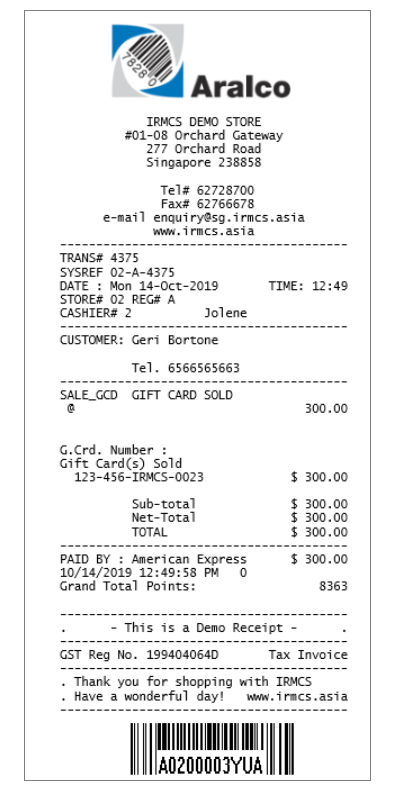 Receipt for sales of a gift card